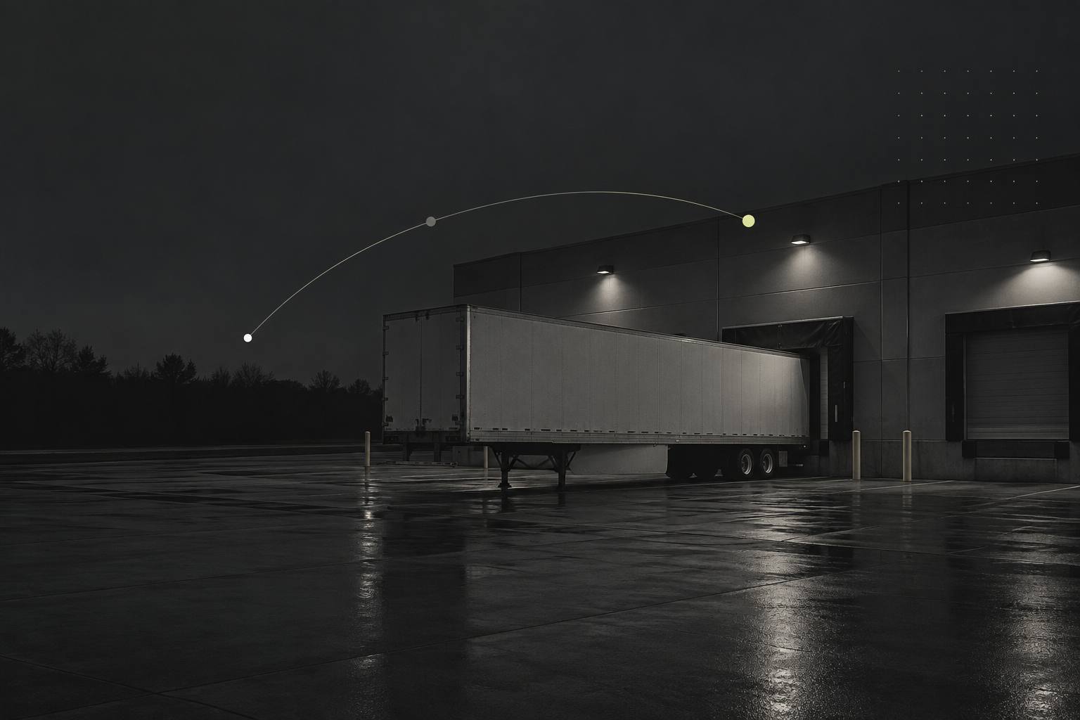 Generated editorial image of a dark freight dock scene with one trailer and a thin route line accent.