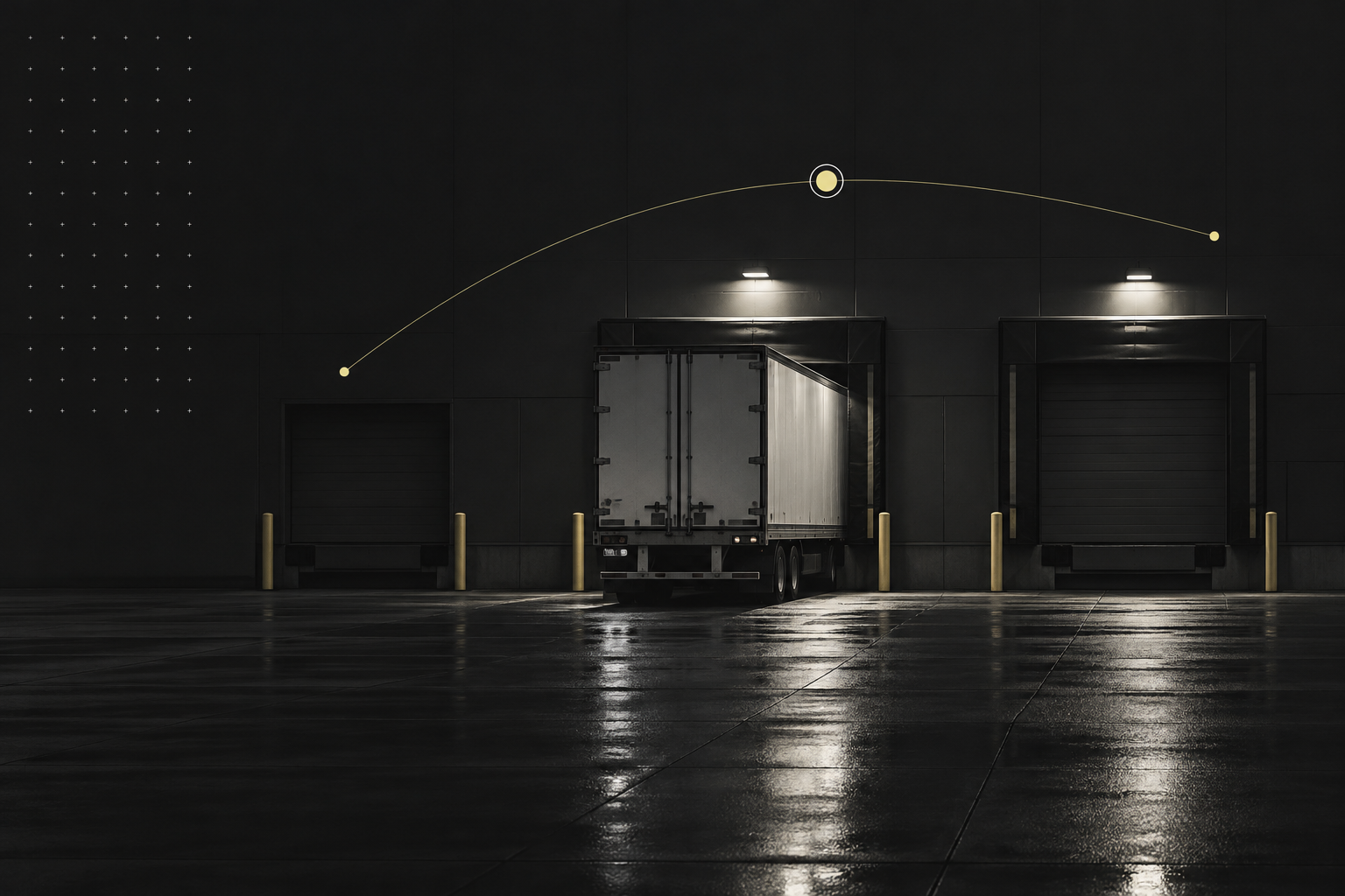 Generated editorial scene of a dark freight dock with one trailer and a thin route overlay.