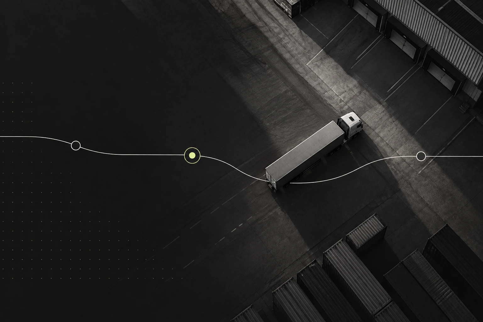 Generated monochrome freight-yard scene with a truck, a fine route line and a pale yellow checkpoint.