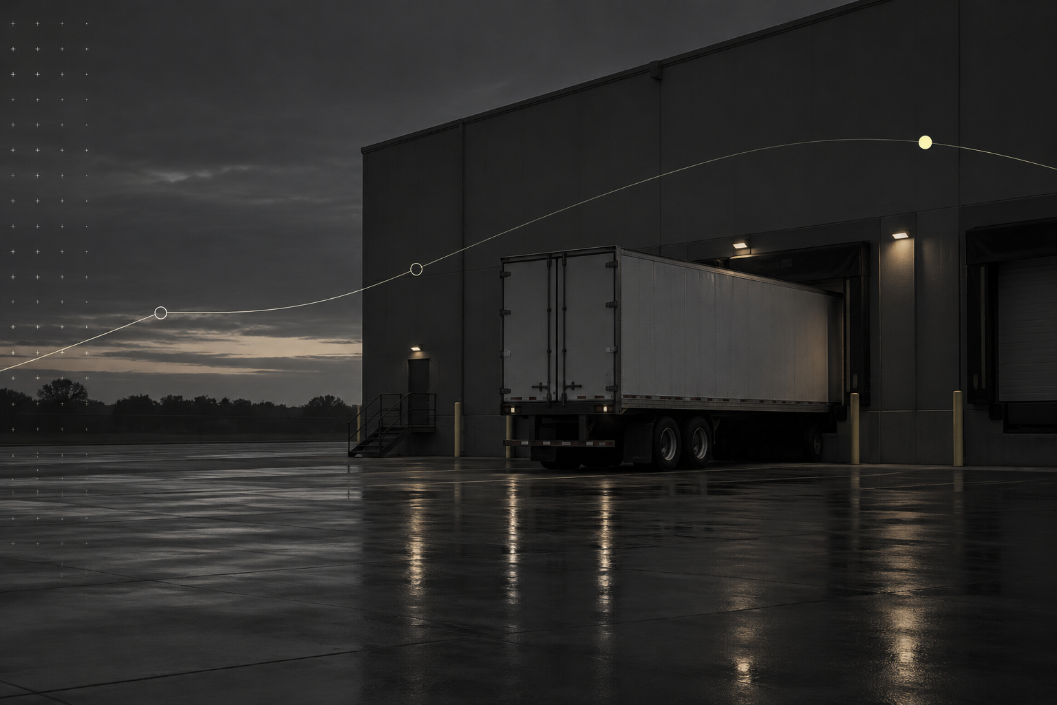 Generated editorial scene of a dark freight trailer at a loading dock with a minimal route line overlay.