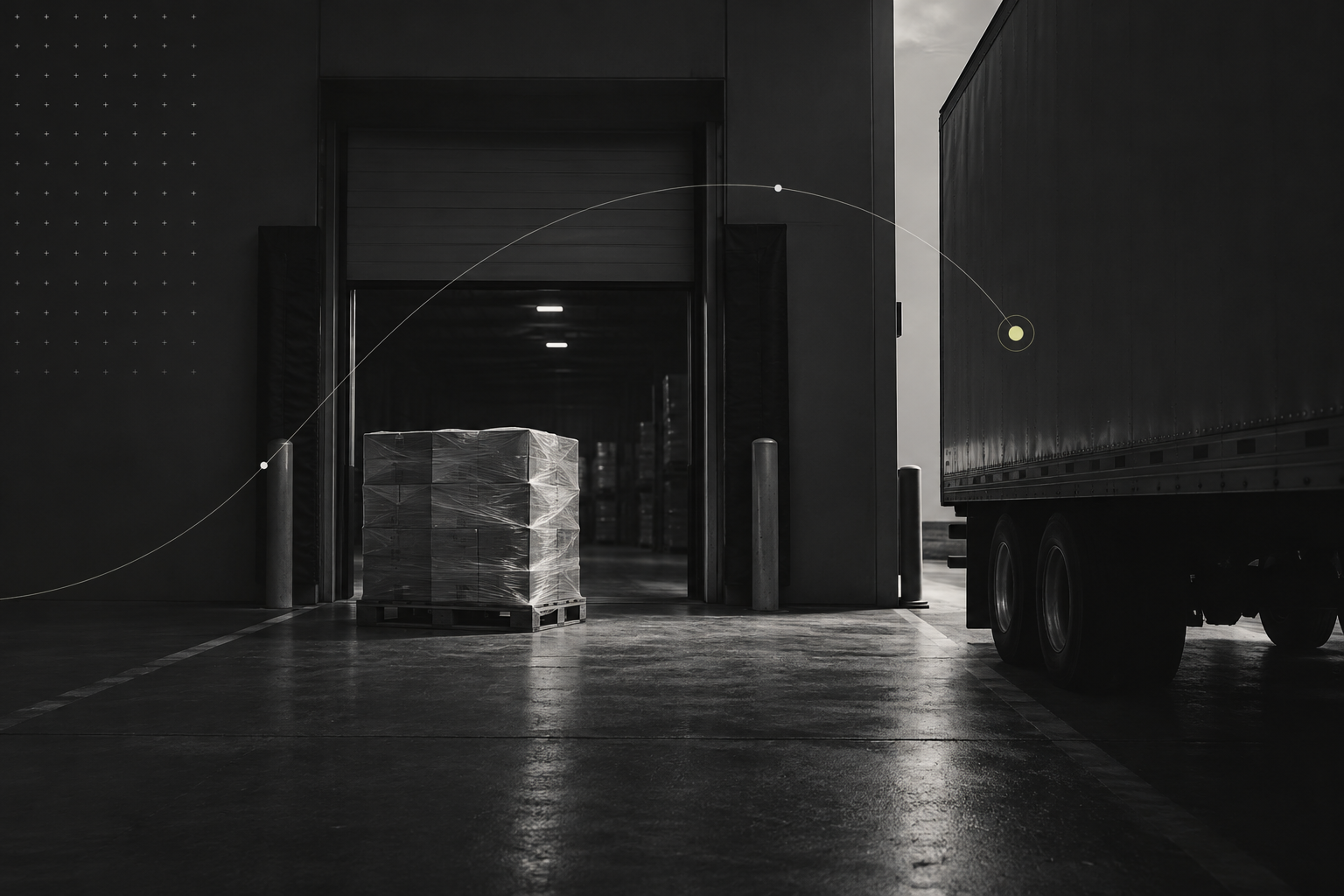 Generated image of a dark loading dock with palletized freight and a sparse route-line overlay.